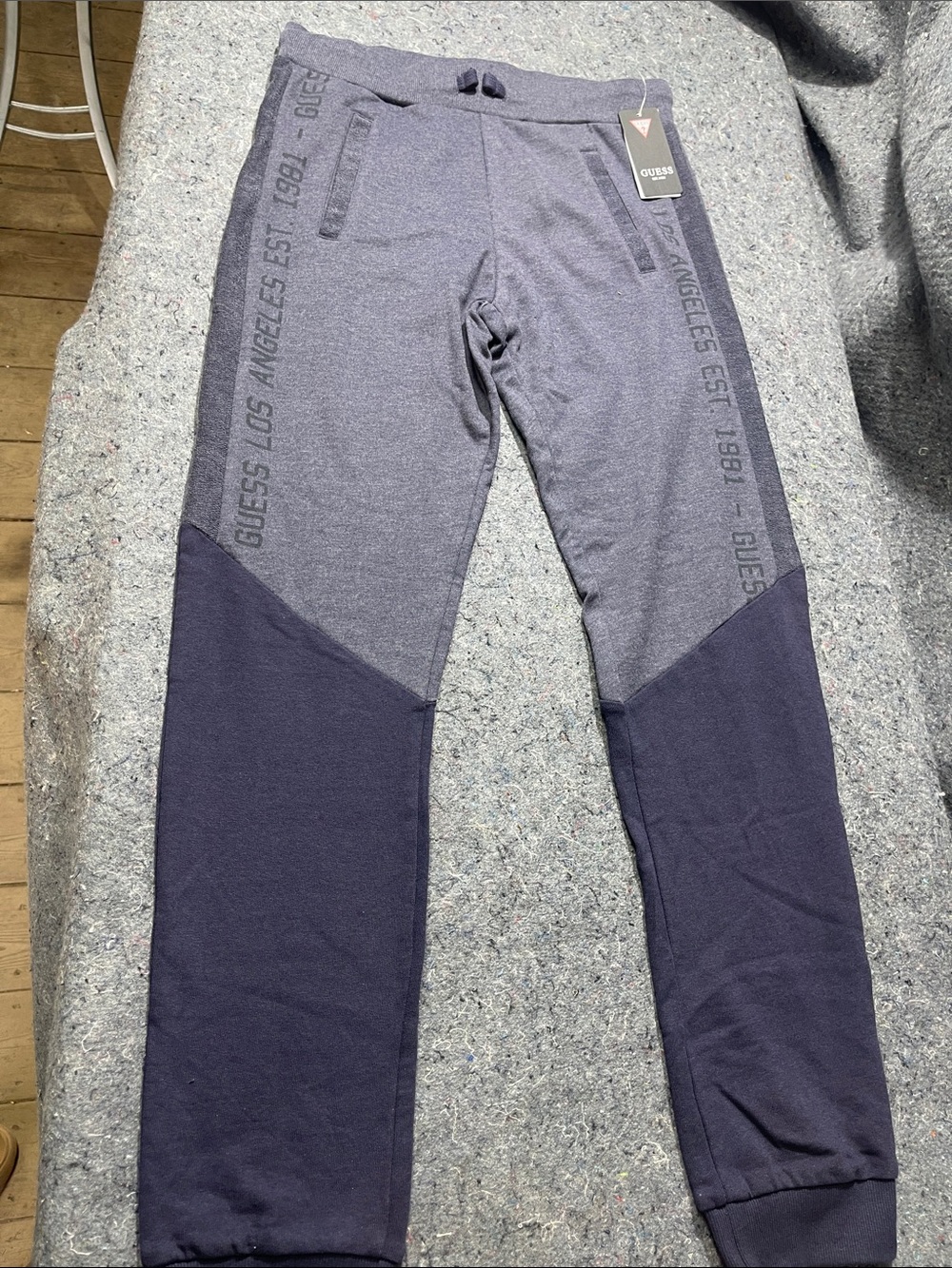 Guess Two-Tone Navy and Heather Gray Joggers with Side Logo Tape